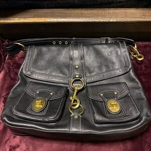 Coach Black Leather Shoulder Bag with Gold Accents